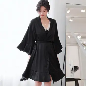 Siyah Elbise Seti Kadın V Yaka Bornoz Kıyafeti Seksi Pijama Yaz Dantel Kimono Sabahlık Saten Gecelik