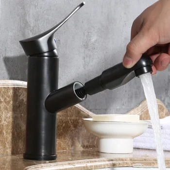 Siyah Pull-out Musluk Bakır Antika Sanat Sıcak ve Soğuk Drop-in lavabo musluğu Geri Çekilebilir Havza Musluk banyo muslukları