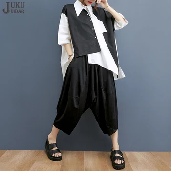 Siyah Ve Beyaz Patchwork Japon Kadın Yaz Rahat İki Parçalı Set Gevşek Fit Büyük Boy Düzensiz Gömlek Ve harem pantolon JJSE025