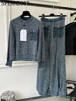 SPENNEOOY Bahar Tasarımcı Vintage Örgü Pantolon Takım Elbise kadın Fener Kol Düğmesi Üstleri + İpli Elastik Bel Pantolon