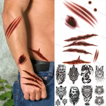 Suluboya Gerçekçi İzleri Geçici Dövmeler Erkekler Kadınlar İçin Cadılar Bayramı Yetişkin Palyaço Aslan Sahte Dövme Etiket Kol Dövme Kurt Kaplan