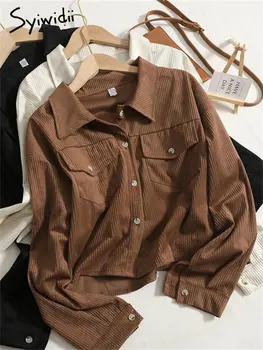 Syiwidii Kadife Büyük Boy Gömlek Kadın Bahar 2023 Kore Moda Turn Down Yaka Uzun Kollu Bluzlar Bayanlar Casual Kırpma Üst