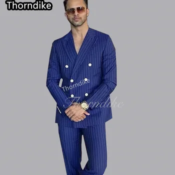 Thorndike Mavi Tepe Yaka Şerit Moda Erkek Takım Elbise Özel Balo Düğün Smokin Damat Terno Masculino Slim Fit