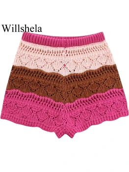 Willshela Kadın Moda Çizgili Hollow Out Örme Mini Şort Vintage Yüksek Elastik Bel Kadın Şık Bayan Şort