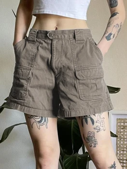 y2k Gri Şort Cepler Harajuku Prepply Vintage Yüksek Belli Pantolon Kadın Temel Rahat Gri Yaz Şort Gecelik Yeni
