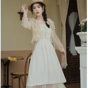 Yaz Kadın kıyafetleri Tatlı Retro Kayısı Jakarlı Moda askısız kemerli elbise Seti + Fırfır Hırka Bayanlar Peri Takım Elbise Zarif