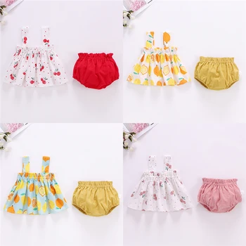 Yaz yenidoğan bebek kız giysileri set Pamuk mini elbise + şort / bloomers Limon Kiraz Baskılı bebek 0-24M Giyim kıyafet