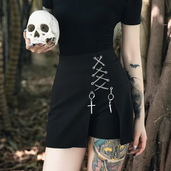 Yaz Yüksek Bel Gotik Koyu Sıska Serin kız çocuk etekleri Şort Bandaj Delik Kolye Kadın İnce Fermuar Punk Mini Alt Şort