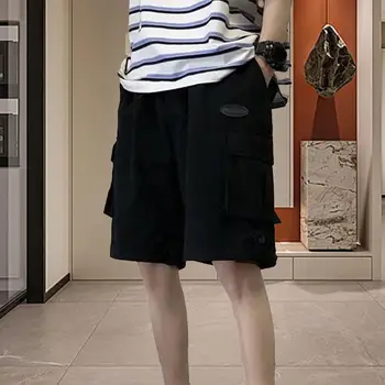 Yaz Şort Gevşek Elastik Bel Düğmesi Dekorasyon Çoklu Cepler Shrink Dayanıklı Rahat Erkek Baggy kısa pantolon