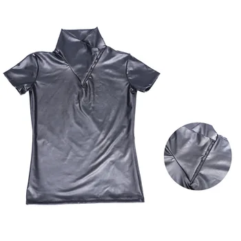 Yağ Parlak Elastik Sahte PU Deri Kısa Kollu Gömlek Motosiklet Vücut Şekillendirici Tee Gömlek Homme Gotik T Shirt Erkek Streetwear Tops