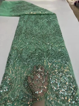 Yeni dantel kumaş Fransız tül nakış, moda kristal pullu boncuk tüp parti elbise kumaş 5 metre