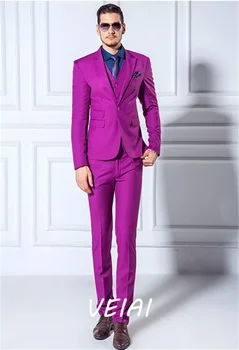 Yeni Varış Erkek Takım Elbise Ince Blazers Smokin (Ceket + Pantolon + Yelek)Damat Balo Mor düğün elbisesi Takım Elbise Şık Düğün Takım Elbise