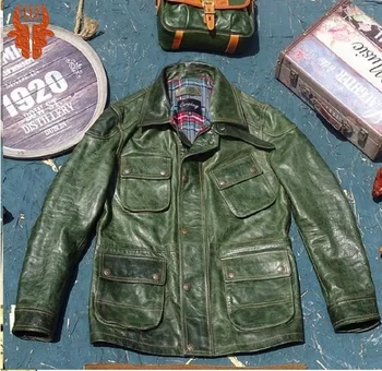 YIL!Ücretsiz shipping.US stil vintage yeşil M65 hakiki deri ceket.Erkekler kaliteli avcılık at derisi ceket.artı boyutu deri kumaş