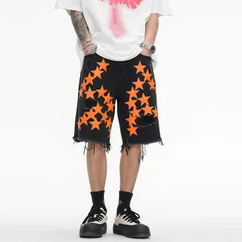 Yıldız Deri Ekleme Yırtık Kot Şort Erkek Gevşek Yıpranmış Kot Şort Streetwear Hip Hop Kot Şort Adam